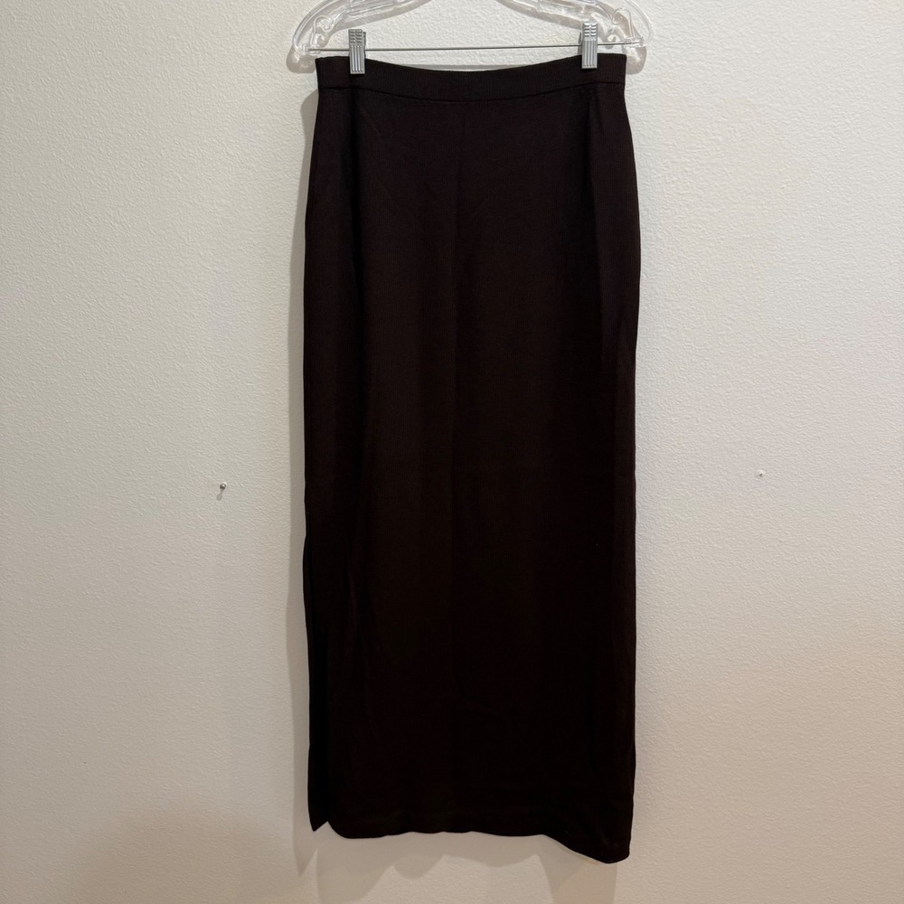 St John Evening Marie Gray Wool Knit Maxi Skirt Brown Espresso Slit Size 10 - Picture 5 of 6